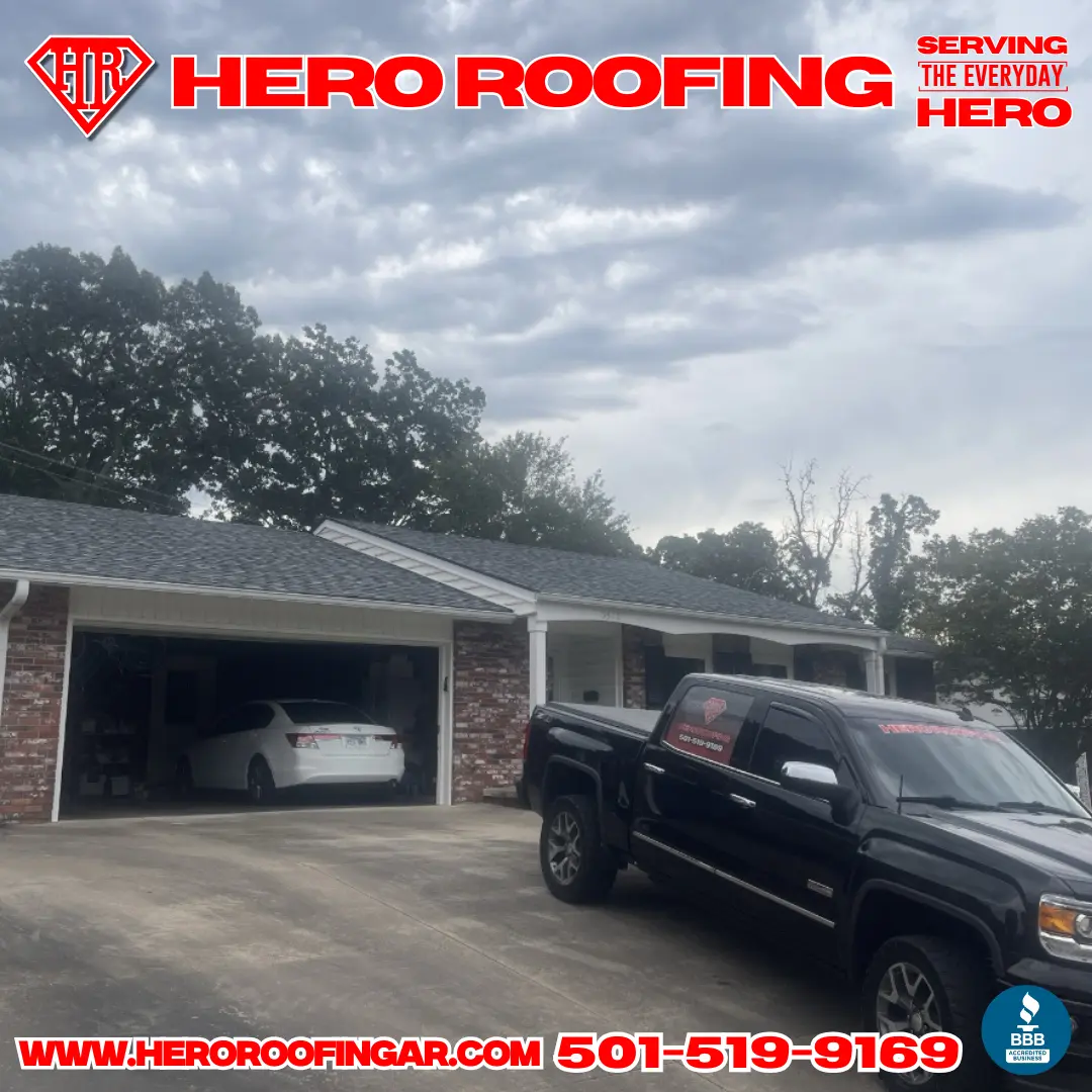 Completed roof replacement on a brick ranch home in Central Arkansas — asphalt shingle roof by Hero Roofing