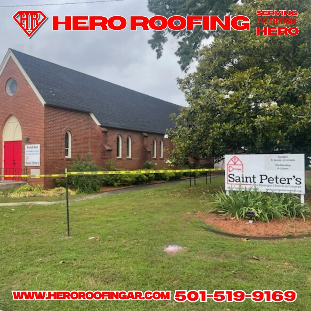 Roof replacement at Saint Peter's Episcopal Church in Conway, AR — installed by Hero Roofing