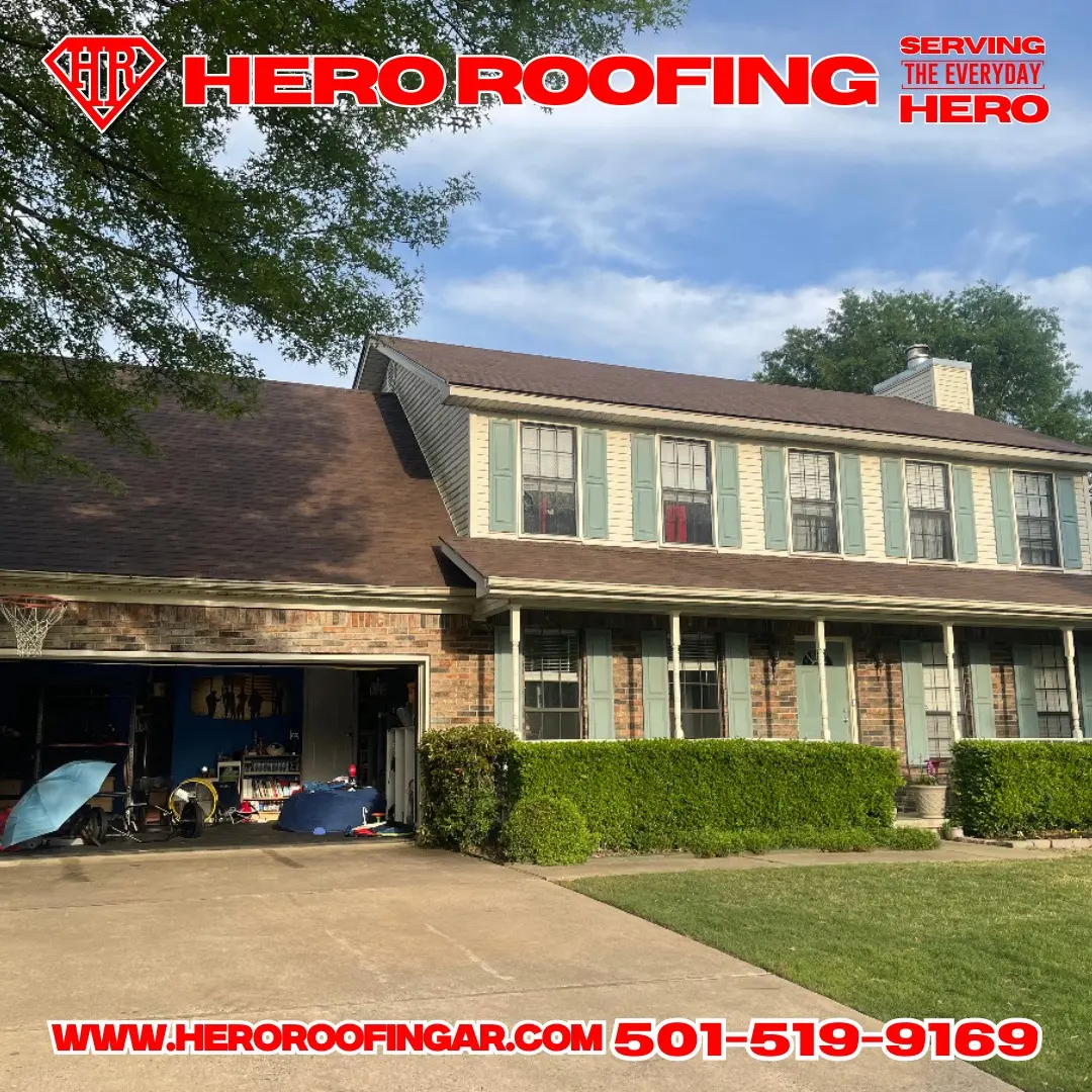 New roof on a two-story brick home in Central Arkansas — asphalt shingle roof installed by Hero Roofing