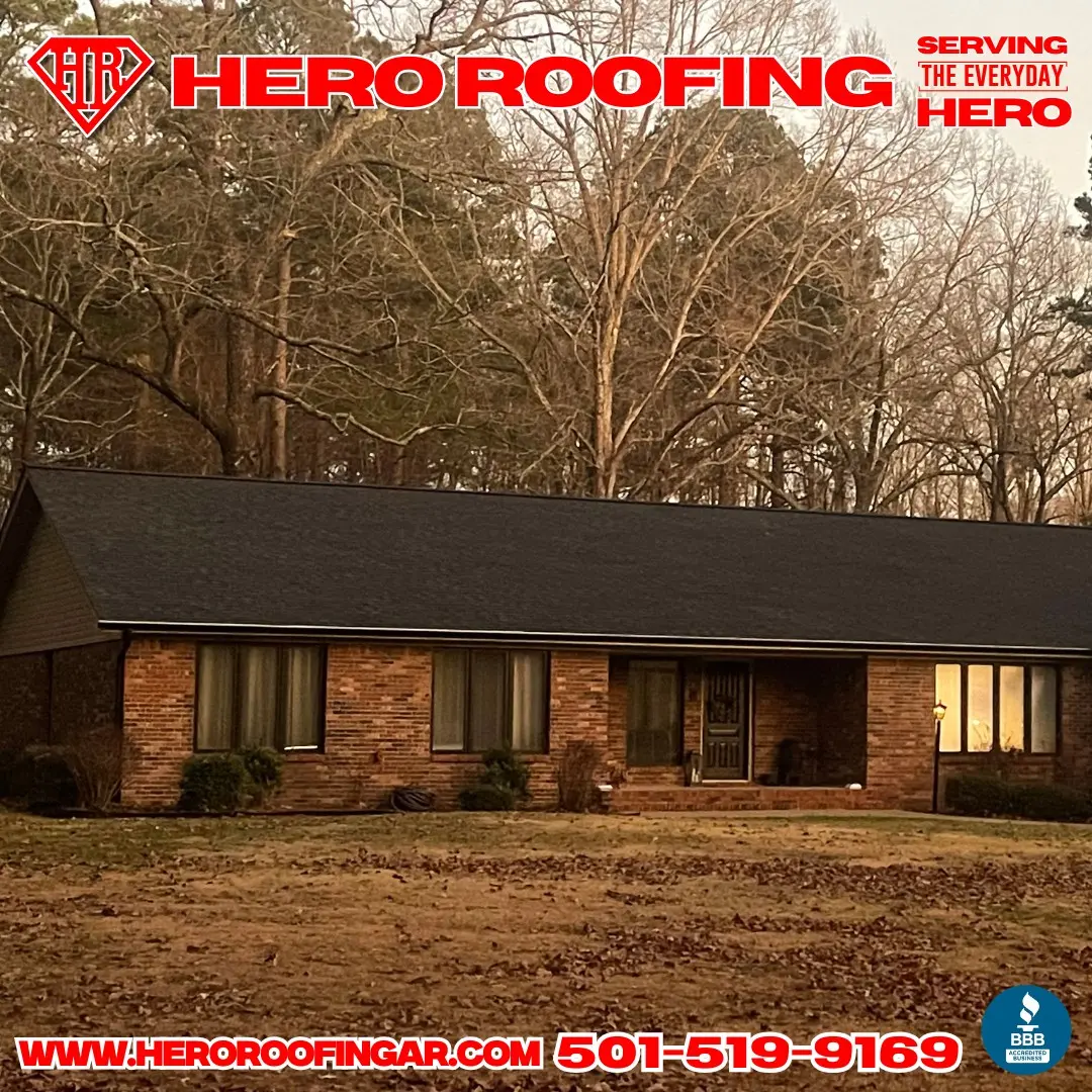 Completed asphalt shingle roof on a brick ranch home in Central Arkansas by Hero Roofing