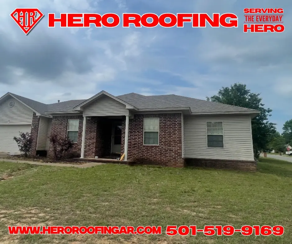 Completed asphalt shingle roof on a brick-and-siding home in Central Arkansas by Hero Roofing