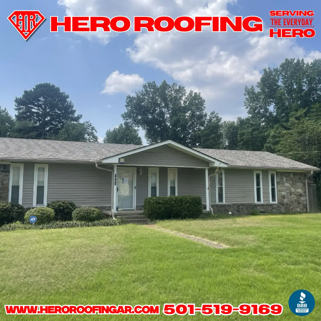 Completed roof replacement on a ranch home in Central Arkansas — asphalt shingle roof by Hero Roofing