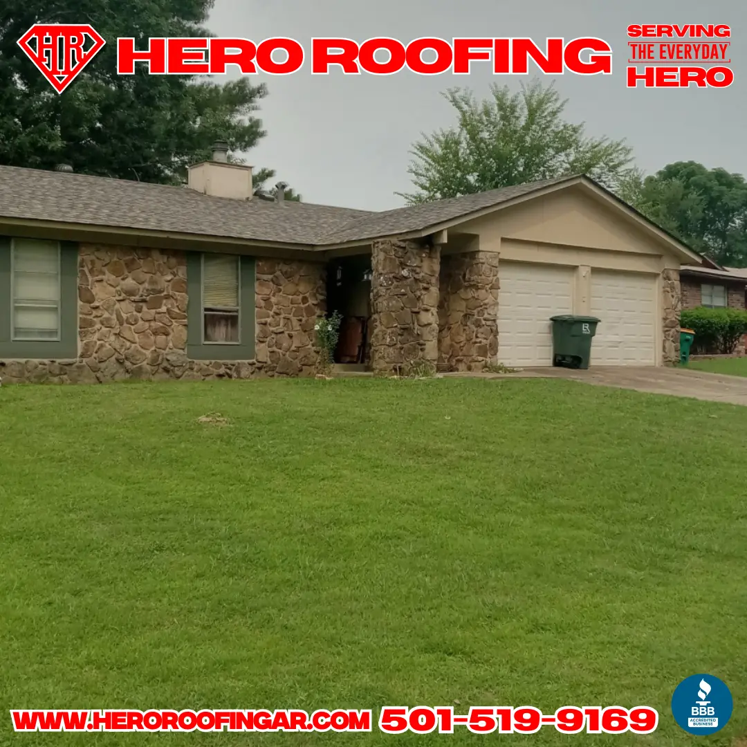 Finished asphalt shingle roof on a stone-front home in Central Arkansas — installed by Hero Roofing