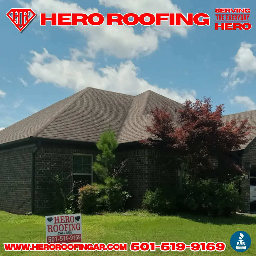 Completed roof replacement on a brick home in Central Arkansas — asphalt shingle roof by Hero Roofing