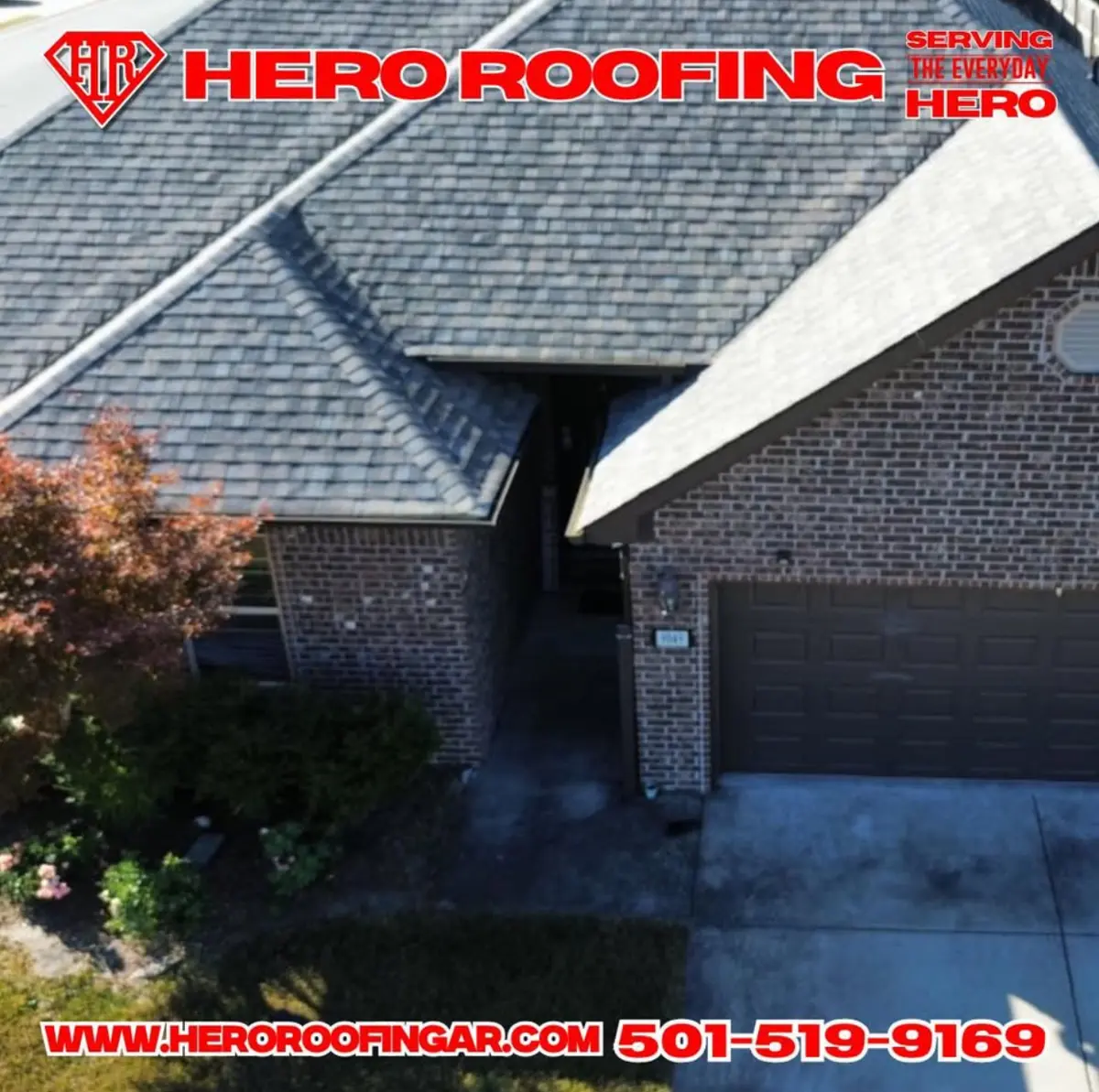 Aerial view of a completed asphalt shingle roof on a brick home in Central Arkansas by Hero Roofing